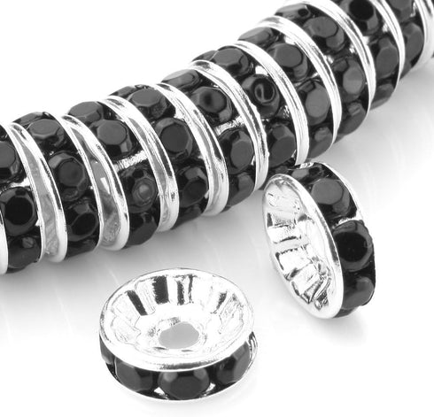 RUBYCA 100pcs 8mm Round Rondelle Spacer Beads Silver Tone Jet Black Czech Crystal for Bracelet Necklace Jewelry Making...