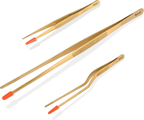 Manjushri Premieum Grade Steel Chef Food Cooking Plating Kitchen Baking 12 Inch XL Long Gold Tong Tweezer Tool Set...