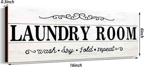 Laundry Room Decor Sign Wooden Rustic Farmhouse Family Laundry Room Wall Sign Wash Dry Fold Repeat Wall Decor Prints for Home, 16 x 6 Inches(White...