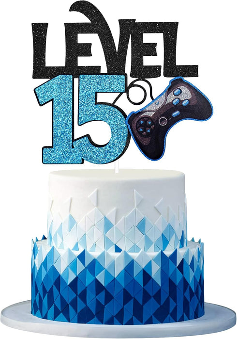 Level 15 Game Birthday Cake Topper - Video Game Boy's 15th Birthday Level Up Party Blue Cake Supplies - Game On Winner Gaming Party Decoration...