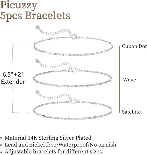 Silver Bracelets for Women, Dainty Stackable Silver Bracelets for Women Trendy Sparkling Waterproof Bracelet Set Gold Adjustable Bracelet Pack Jew...