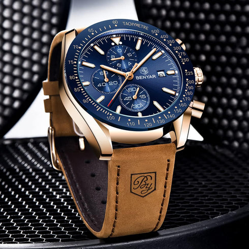 BENYAR Mens Watches Quartz Chronograph Business Luxury Brand Waterproof Wristwatches Fashion Brown Leather Watches for Men...