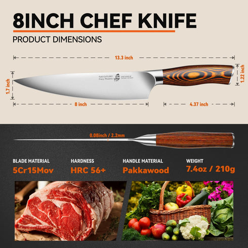 TUO Chef Knife, 8 inch Sharp Kitchen Knife with Pakkawood Handle, High Carbon Steel, Professional for Chopping & Dicing, Gift Box - Fiery Phoenix ...
