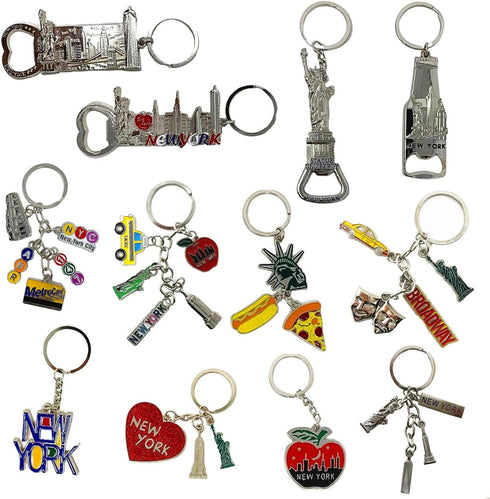 TSY TOOL 12 Pack Silver NYC Souvenir Keychain Collection, New York Metal Keychain Ring Bundle, Bulk, Includes Statue Of Liberty, Empire State, Bro...