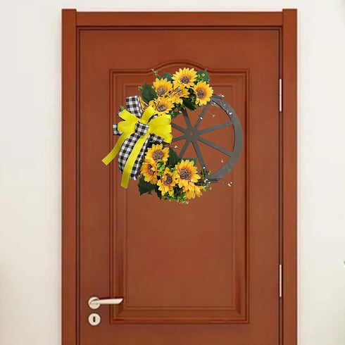 Sunflower Wagon Wheel Wreath for Front Door, Wooden Wheel Wreath with Sunflower and Bow, Spring Wheel Wreath, Wall Home Porch Farmhouse Decor Outd...