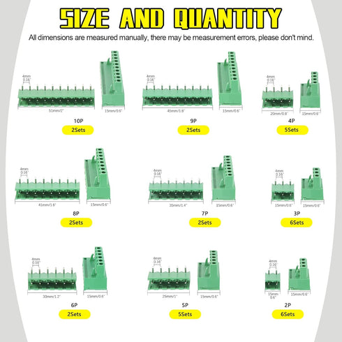 32Pcs 9 Type Pluggable Terminal Blocks Connector Socket, 5mm/0.2inch Pitch PCB Mount Screw Male Female Connectors(2/3/4/5/6/7/8/9 Pins)...