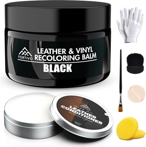 FORTIVO Leather Recoloring Balm with Mink Oil, Couch Repair Kit, Leather Dye and Restorer for Furniture - Black...