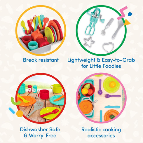 Battat – Toy Kitchen Set – 71Pc Pretend Cooking Accessories – 4 Table Settings & Cutlery – Dishwasher Safe & Worry-Free – 2 Years + – Deluxe Kitch...