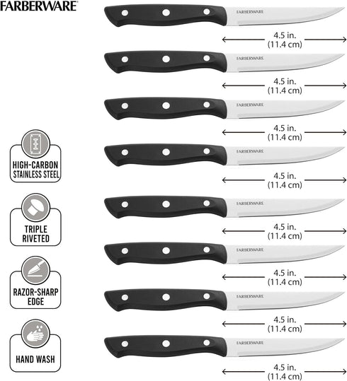 Farberware Full-Tang Triple-Riveted 8-Piece Steak Knife Set, High-Carbon Stainless Steel, Razor-Sharp Knives with Ergonomic Handle, Kitchen Knives...