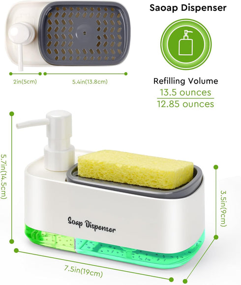 Hand and Dish Soap Dispenser Set for Kitchen, Dual Soap Dispenser with Sponge Holder, 3-in-1 Countertop Soap Pump Dispenser for Kitchen Sink, Usef...