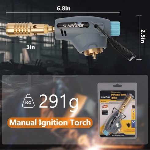 BLUEFIRE Handy Cyclone Torch Head Portable Brass Gas Torch Manual Ignite Fuel by MAPP MAP PRO Propane Gas Cylinder for Soldering Welding Plumbing ...