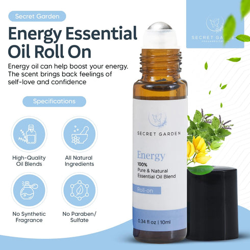 Energy Essential Oil Roll On (10ml) – Frankincense Essential Oil Blends for Aromatherapy, Massage, Energy Boost – Aromatherapy Oils Roller Bottles...