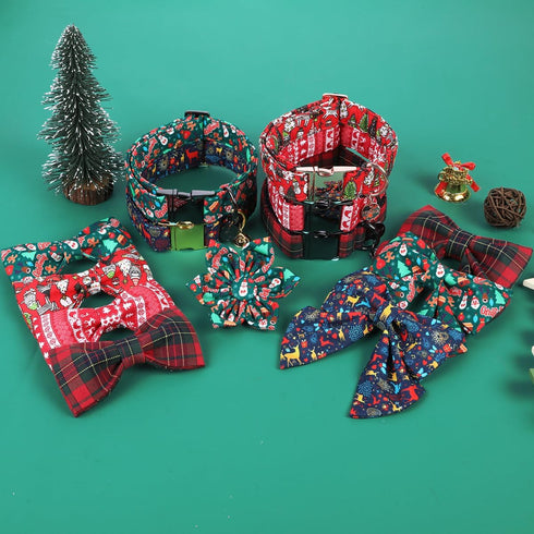 DOGWONG Christmas Holiday Dog Collar with Sailor Bowtie, Cute Cotton Dog Collar Green Santa Dog Collar Durable Soft Pet Dog Collar for Small Mediu...