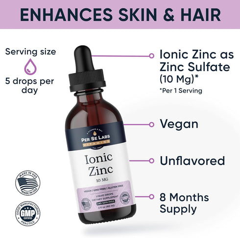 Per Se Labs Ionic Zinc Liquid - 10 mg High Absorption 240 Servings Liquid Zinc Drops for Adults - Immune Support Skin Care Zinc Supplements - Vega...