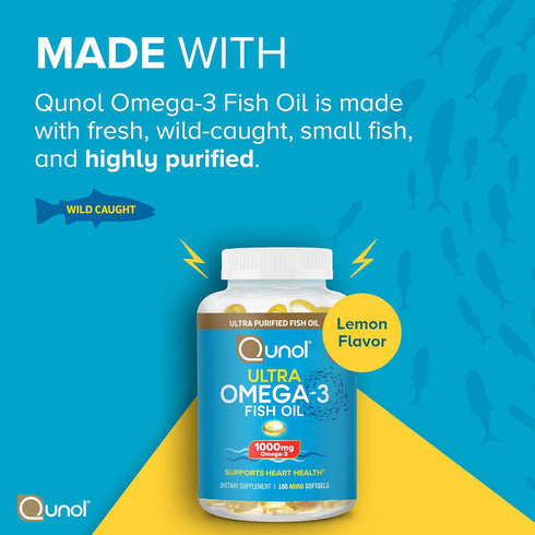 Qunol Fish Oil Omega 3 Mini Softgels, 1000mg Omega 3 EPA + DHA, Ultra Pure Supplements, Heart Health Support, Lemon Flavor, Easy to Swallow Minis,...