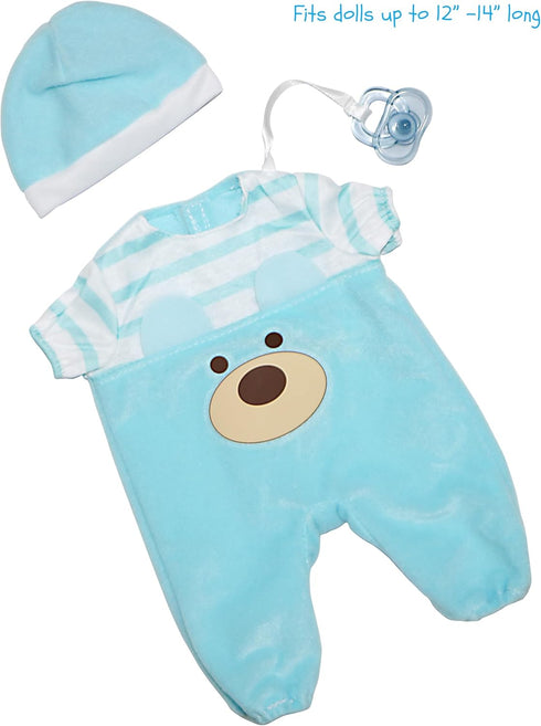 JC Toys |Blue Bear Onesie | Baby Doll Outfit + Hat + Pacifier | | Ages 2+ | Fits Dolls 12"- 14"...