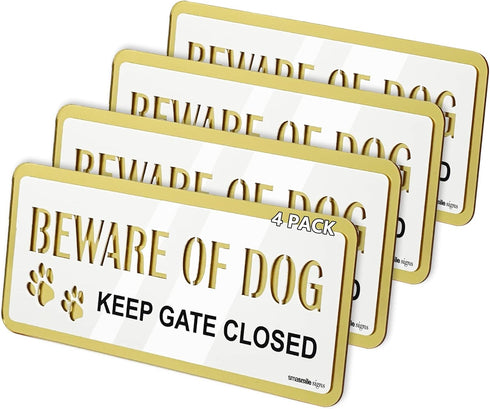 Beware of Dog Signs for Fence 4 Pack 7.9" x 3.1" Double Layer Gold with White Acrylic Dog Sign for Fence Beware of Warning Signs, Include Adhesive...