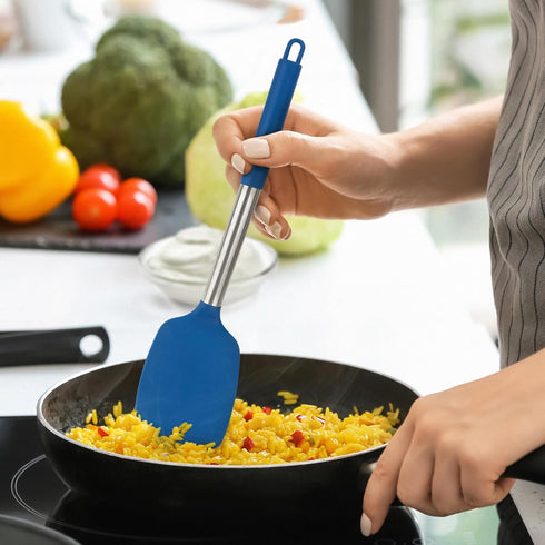 4 Pack Silicone Utensils Set, Non Stick Solid Spatulas, Heat Resistant Blue Slotted Spoons with Stainless Steel Handle, BPA Free Cooking Turner fo...