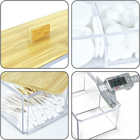Acrylic Qtip Holder Dispenser with Wood Lid, 3 Compartment Cotton Ball Holder, Bathroom Organizer for Q Tip, Cotton Swab and Cotton Pad Holder, Va...