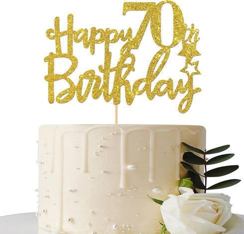 Gold Glitter Happy 70th Birthday Cake Topper, Hello 70, Cheers to 70 Years, 70 & Fabulous Party Decoration...
