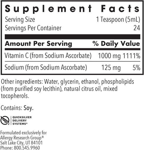Allergy Research Group Micro Liposomal C 1000mg Supplement - Liquid Vitamin C, Sunflower Phospholipids, Sodium Ascorbate, Organic, Bioavailable, N...