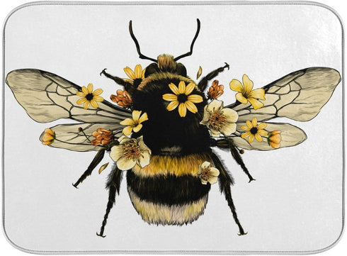Bee Flower Cute Dish Drying Mat Countertop Protector Kitchen Decor 16" × 18"...