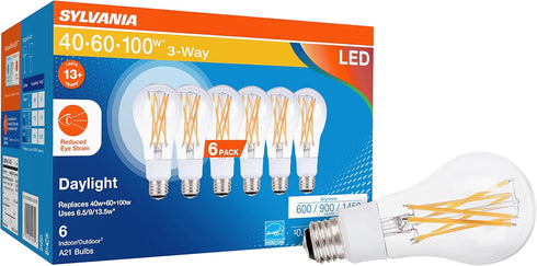 Sylvania Reduced Eye Strain A21 LED Light Bulb, 3-Way 40W / 60W / 100W, 13 Year, Dimmable, Clear, 5000K, Daylight - 6 Pack (41232)...