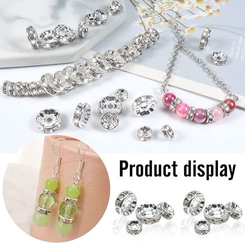 TOAOB 200pcs Rondelle Spacer Beads 6mm 8mm 10mm Round Crystal Czech Loose Spacer Beads Silver Rhinestone Charms Beads with Elastic String for DIY ...