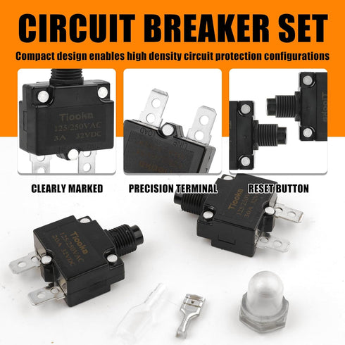 30Amp Thermal Circuit Breaker Assortment Kit Push Button Manual Reset 125/250V AC 32V DC Quick Connect Terminals Waterproof Button Caps for Overlo...
