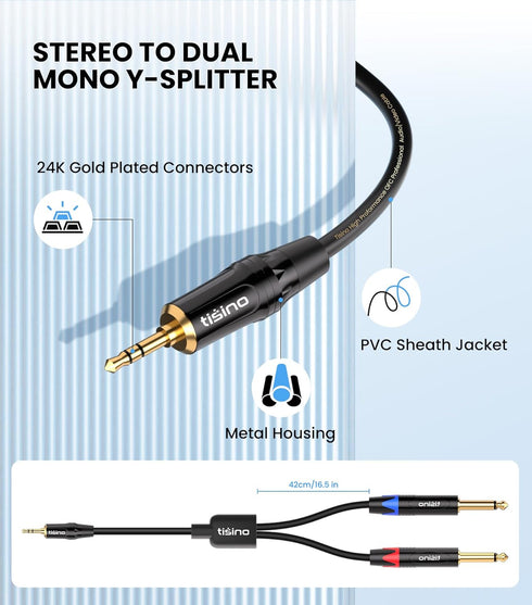 tisino 1/8 to 1/4 Stereo Cable, 1/8 Inch TRS Stereo to Dual 1/4 inch TS Mono Y-Splitter Cable 3.5mm Aux Mini Jack to Jack Breakout Cord for Smartp...