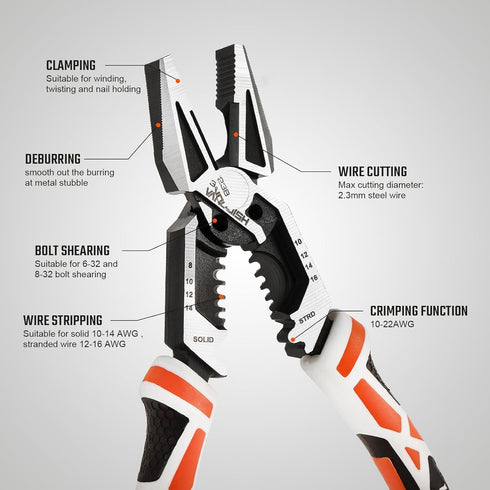 Vanquish 8-in-1 Multifunctional Lineman Pliers, 8” Wire Cutter with Wire Stripper/Crimper Function for Crimping, Stripping, Shearing,Cutting, Clam...