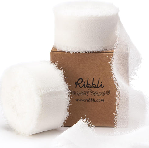 Ribbli White Chiffon Ribbon 1 Inch x 20 Yard Handmade Fringe Chiffon Silk Ribbon White Ribbon for Gifts Wrapping, Wedding Invitations, Bridal Bouq...
