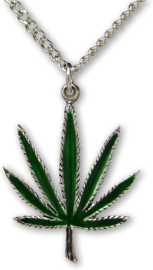 Marijuana Weed Pot Leaf Green Enamel on Silver Finish Pewter Pendant Necklace...