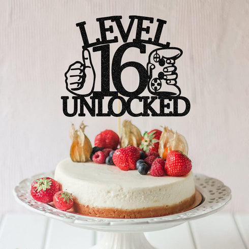 Level 16 Unlocked Cake Topper, Video Game Theme Happy 16th Birthday Cake Decor, Sweet 16, Boys Girls Funny 16th Birthday Decorations Black Glitter...