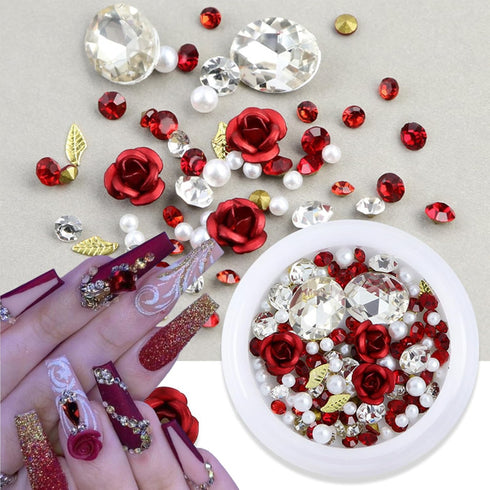2 Boxes Flower Nail Charms 3D Rose Metal Acrylic Floral Nail Art Rhinestones with Pearls Red Rose Metal Flower Shiny Nail Gems Diamonds Nail Jewel...