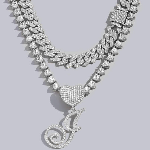 Silver Cuban Link Chain for Women Cursive Initial Layered Necklaces Heart Shape Bling Diamond Iced Out Pendant Necklace for Women 2PCS Hip Hop Cha...