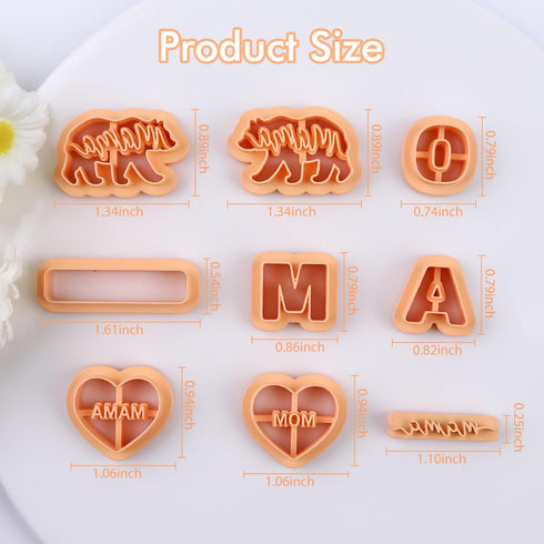 Puocaon Mom Bear Clay Cutters - 9 Pcs Polymer Clay Cutters for Earrings Making, Embossed Bear Clay Cutters for Polymer Clay Jewelry, Mama Letters ...