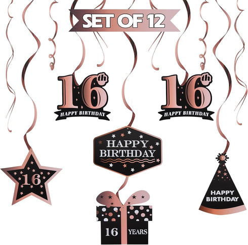 LINGTEER Happy 16th Birthday Decorations - 12 Pcs Birthday Black & Rose Gold Foil Swirls Streamer Set,Cheers to Sixteen Years Old Bday Party Gift ...