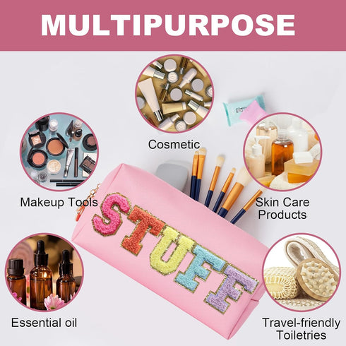 Preppy Patch Stuff Portable Makeup Bag Bulk Pu Leather Cosmetic Bag Waterproof Travel Organizer Zipper Pouch Storage Purse for Women Girls Gift (H...