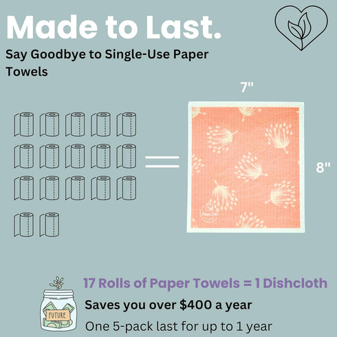 Harps&Seb 5 Pack, Reusable Swedish Dishcloths for Kitchen, Super Absorbent, Washable Swedish Dish Towels, No Odor, Biodegradable, Non-Scratch Reus...