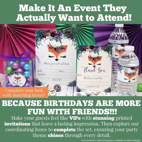 Woodland Forest Fox Face Floral With Greenery Birthday Party Invitations, 20 5x7 Fill In Cards with Twenty White Envelopes by AmandaCreation...