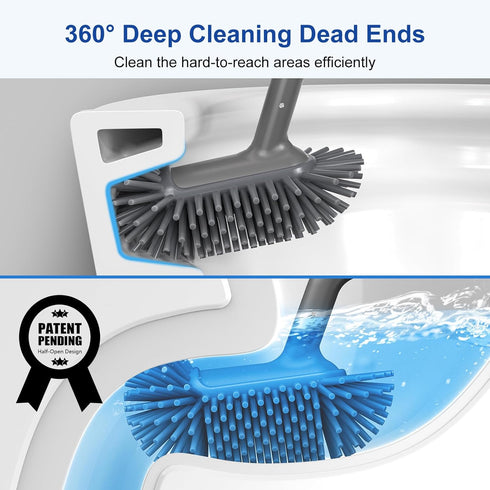HAMITOR Toilet Bowl Brush holder Set: Deep Cleaning Silicone Toilet Cleaner Scrubber Under Rim with Curved Bristle for Bathroom Dead Corner Clean ...