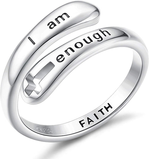 FIASASO Rings for Women 925 Sterling Silver Adjustable Faith Christian Cross - Encouragement Statement Jewelry, Dainty & Elegant Designs, Comforta...
