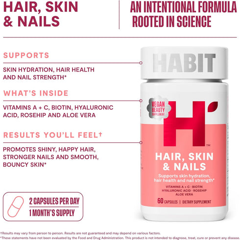 HABIT Hair, Skin & Nails Supplement (60 Capsules) - New Look, Supports Skin Hydration, Hair & Nail Strength, Biotin 2000mcg, Vitamin A & C, Hyalur...