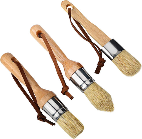 Professional Chalk and Wax Paint Brush Set, 3pcs Small Round Reusable Natural Bristle Brushes for Folk Art Home Decor DIY Painting Stencils, Compa...