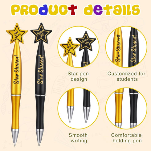 64 Pcs Star Student Pens Reward Ballpoint Pens Teacher Appreciation Gifts Black Inspirational Pens for Star Students Awards of the Week, School Cl...