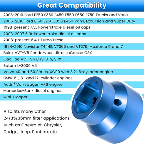 Fuel Filter/Oil Filter Socket 24mm / 36mm Reversible Fuel Filter Cap Remover and Installer Assistant for 2003-2010 6.0L / 6.4L Ford Powerstroke Di...