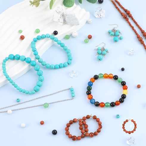 505 pcs Natural Round Stone Beads for Jewelry Making Mixed Genuine Gemstone Beads Kit for DIY Bracelet Smooth Loose Beads Bulk, White/Blue Turquoi...
