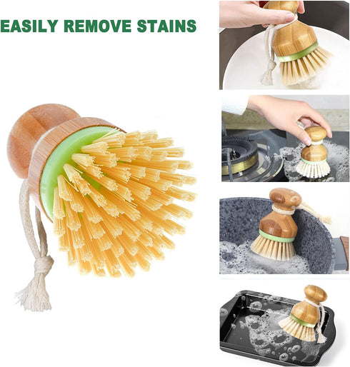 Bamboo Dish Brush, Scrub Brush for Dishes Pots Pans Kitchen Sink Cast Iron Skillet Cleaning, Pack of 2...