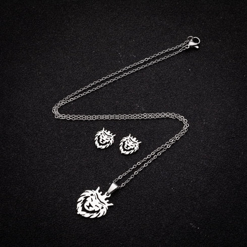 Hollow Crown Lion King Earrings Pendant Necklace Set for Men Women Stainless Steel Lion Head Necklace Jewelry...